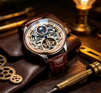 Montre mécanique automatique pour homme, cadran squelette ajouré, affichage des phases lunaires, bracelet en cuir véritable marron, montre-bracelet de style professionnel
