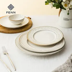 Plato de ensalada de gres Simple de esmalte reactivo nórdico en relieve plato de cena de boda de cerámica rústica italiana para fiestas