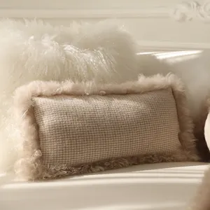 Custom Winter Fashion Home Woven Soft With Mongolian Fur Trims 100% Merino Wool filled pillows
