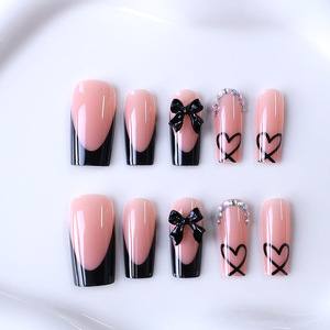 Kit de 24 faux ongles à presser en ABS <span class=keywords><strong>noir</strong></span> moyen <span class=keywords><strong>avec</strong></span> bordure, décoration 3D nœud papillon et <span class=keywords><strong>strass</strong></span> pour les doigts - Product Image 5
