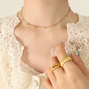 18K Gold Stainless Steel Round Bead Statement <b>Choker</b> Necklace | Hypoallergenic Waterproof Classic Design - Product Image 4