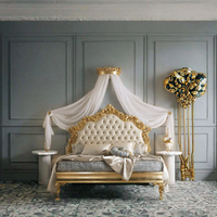 Lit en bois antique de style rococo français avec tête de lit capitonnée, meubles de chambre à coucher en bois massif