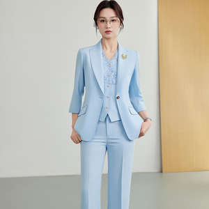 Women's Blue Three Piece Suit Set Three Quarter Sleeve Breathable Office Lady Work Wear - Product Image 1