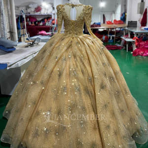 XS273 Classic High Neck Yellow 3D Flower Sequined Eco-Friendly Print <b>Evening</b> Ball Gown Women's <b>Dresses</b> - Product Image 2