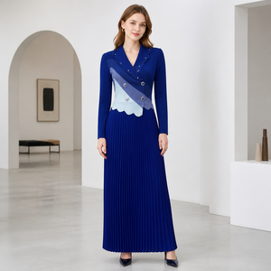 Elegante Vestido Plisado con Estampado de Ondas para Oficina, Estilo <span class=keywords><strong>Blazer</strong></span> para Mujer, Doble Botonadura, Solapa con Cuentas, Vestido Maxi Plisado Miyake - Product Image 1