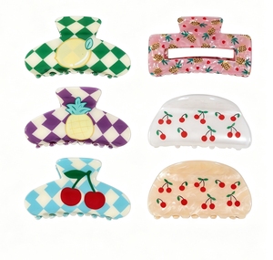 Pinzas para el pelo de acetato con estampado de frutas, bonitas pinzas para el pelo con diseño de tablero de ajedrez y tiburón, y pinzas para el pelo con patrones mixtos de frutas para mujer - Product Image 1