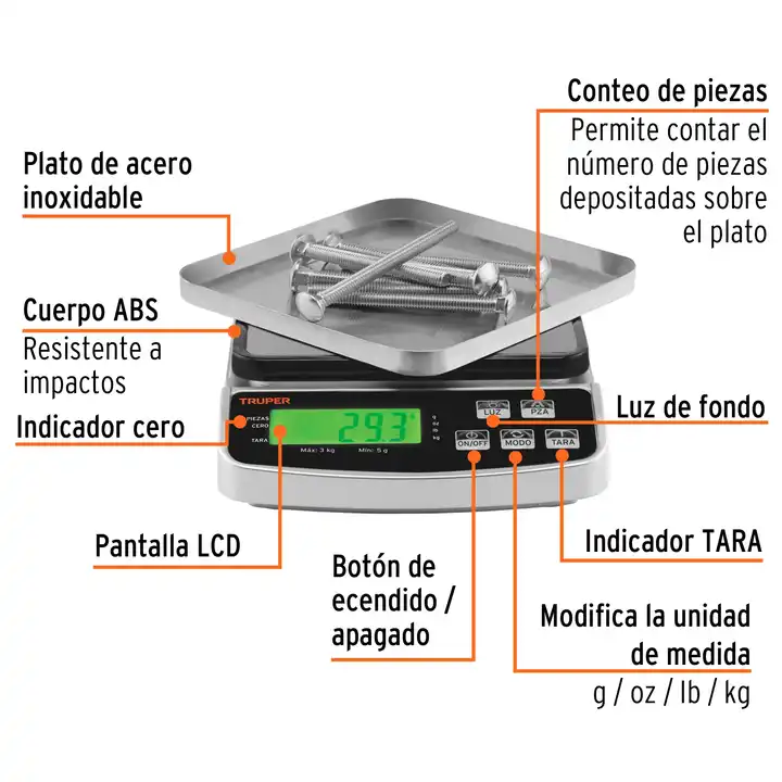 Truper 3 Kg Kitchen Scales Recargable Báscula Electrónica De Precisión Con 2 Unidades Caja Combinada