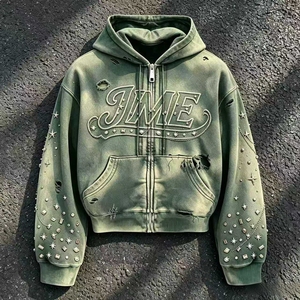 Green <b>Hooded</b> Zip-Up <b>Fleece</b> <b>Jacket</b> Men's Embroidered Logo With Rivets Beading And Chain Decorations - Product Image 1
