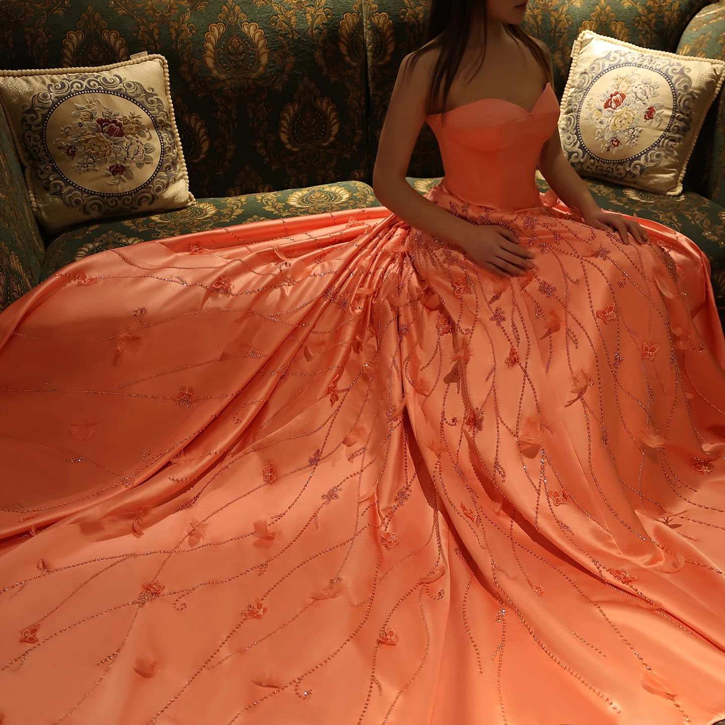 slim fit dress slacks Ankle Length Ruffle Side Spaghetti Straps Coral Formal Dresses main image 0