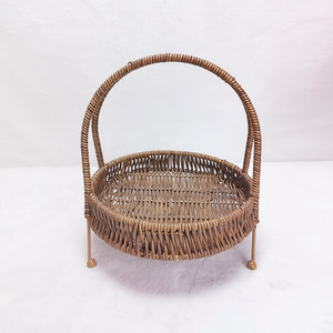 <b>Wicker</b> <b>Basket</b> Round With <b>Handle</b> For Kitchen Storage Fruit Bread Snacks Standing Type Yellow Sichuan Pepper Color - Product Image 1