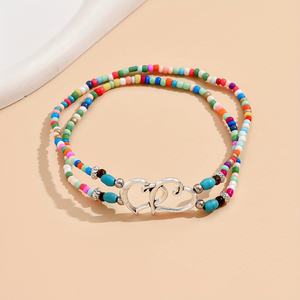 2025 बोहेमियन शैली की डबल लेयर टर्कोइस दिल को हाथ से बनाया गया चावल बेडेड नेकलेस फैशनेबल बीच पैर की सजावट - Product Image 3