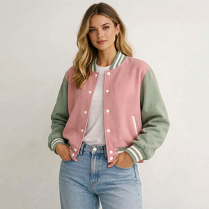 Veste universitaire en laine rose et vert sauge pour femme, veste bomber, coupe classique, col rabattu, fermeture à boutons, unisexe - Product Image 4