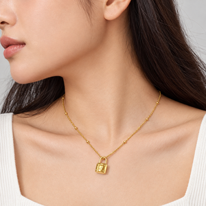 Collier avec pendentif cadenas en acier inoxydable, couleurs or et argent, plaqué or 14 carats, 46+5,5 cm - Product Image 5