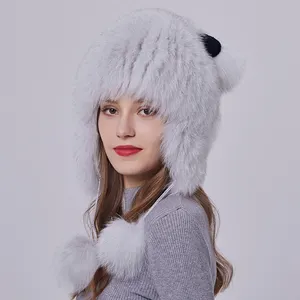 Topi bulu rubah asli musim dingin untuk wanita Beanie bulu halus asli dengan desain telinga beruang Beanie Pompom bulu kecil dengan penutup telinga