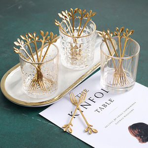 Stainless Steel Dessert Spoon Fork Set Leaf Pattern Gold Plated For Tea Time - Product Image 3