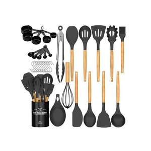 Juego de 33 utensilios de cocina de silicona antiadherente resistente al calor con mangos de madera y soporte - Product Image 1