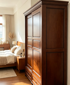 Armario Espacioso con Puertas Corredizas de Madera Maciza y Cajones, Armario de Almacenamiento de Ropa para Dormitorio, Estilo Retro Nogal - Product Image 2