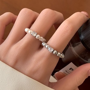 Bague en argent pur S925 avec perle Shijia, fil élastique, petit cube de zircon, simple, quotidienne, compacte, élégante - Product Image 1