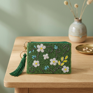 Sac fourre-tout carré bohème en toile avec broderie perlée, sérigraphie florale, fermeture éclair, porte-clés, pochette à pompon vert, promotionnel - Product Image 3