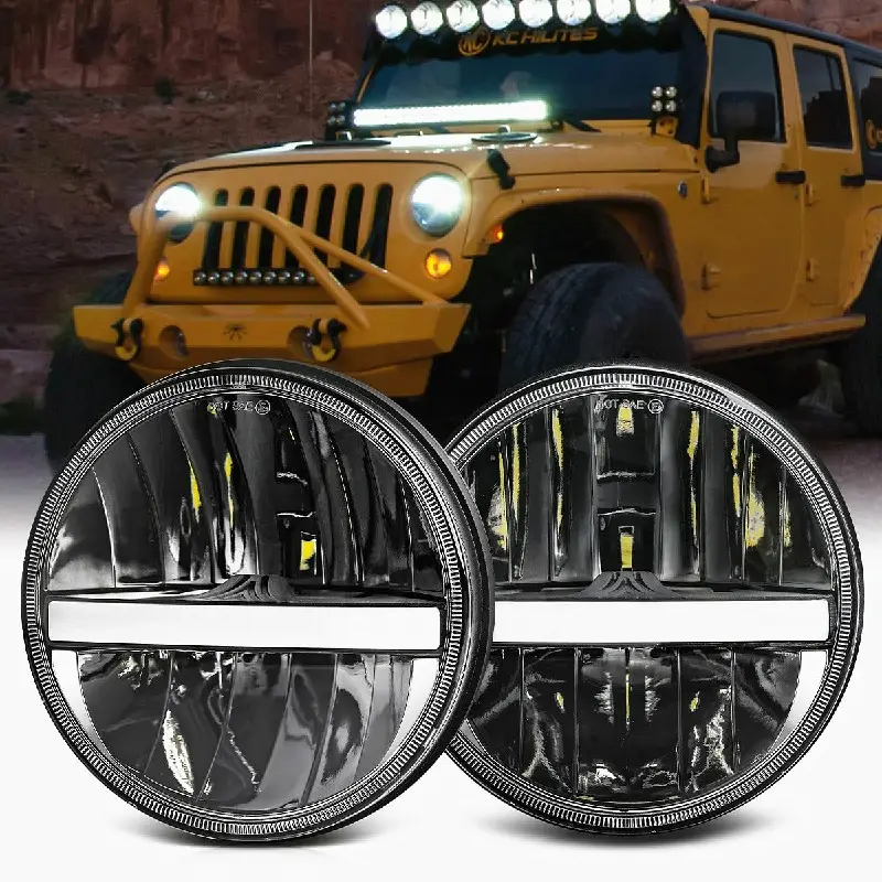 Phare rond à led de 7 pouces approuvé par DOT, phares à LED compatibles avec le clignotant Jeep Land Rover, ambre blanc DRL