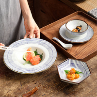 Service de vaisselle en céramique bleu style japonais, assiettes et bols pour sushis, sashimis, plats asiatiques, usage domestique, restaurant et traiteur