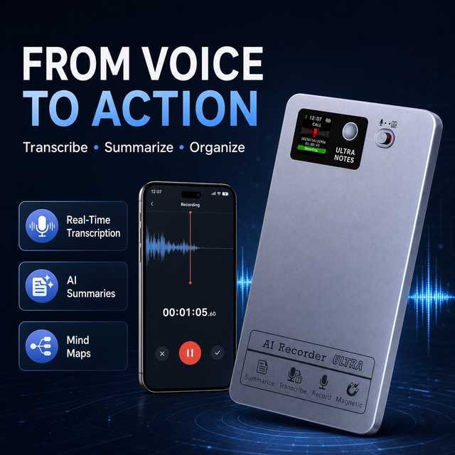 Portable AI Voice Recorder USB Magnetic Attachment One-Touch Recording Real-Time Transcription Mind Map 118 Languages.