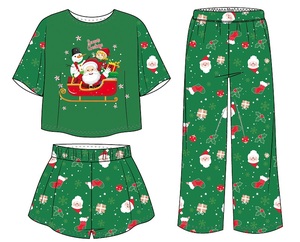 Ensemble de vêtements de nuit pour femmes, trois pièces, vêtements de maison, manches courtes, pantalon long, pyjama à col rond, pyjama d'été à motifs de dessins animés - Product Image 1