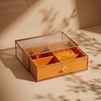 Boîte à bijoux en verre en gros avec tiroir en velours orange, organisateur de rangement pour bijoux à compartiments et bouton en cristal pour la vente au détail