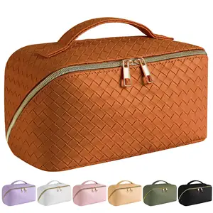Leather Waterproof Toiletry Bag with Dividers and Handle Opens Flat for Easy Access Large Capacity Cosmetic Bags for Traveling