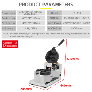 Equipo <span class=keywords><strong>de</strong></span> cocina para aperitivos, máquina <span class=keywords><strong>de</strong></span> gofres belga redonda <span class=keywords><strong>de</strong></span> 4, 220 V /110 V, gofrera belga antiadherente comercial - Product Image 2