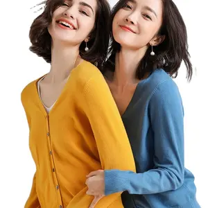 2024 Wholesale Cardigan For Women Custom Thin Knit Long Sleeve Yarn Plain Anti Wrinkle Cotton Wool Cashmere V Neck Sweater