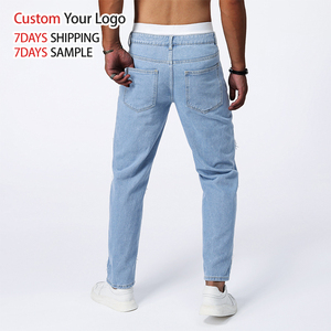 Jeans de Mezclilla Azul Elásticos de Alta Calidad, Corte Recto, Ajustados, Desgastados, de Cintura Media, Casuales y Personalizados para Hombre - Product Image 2