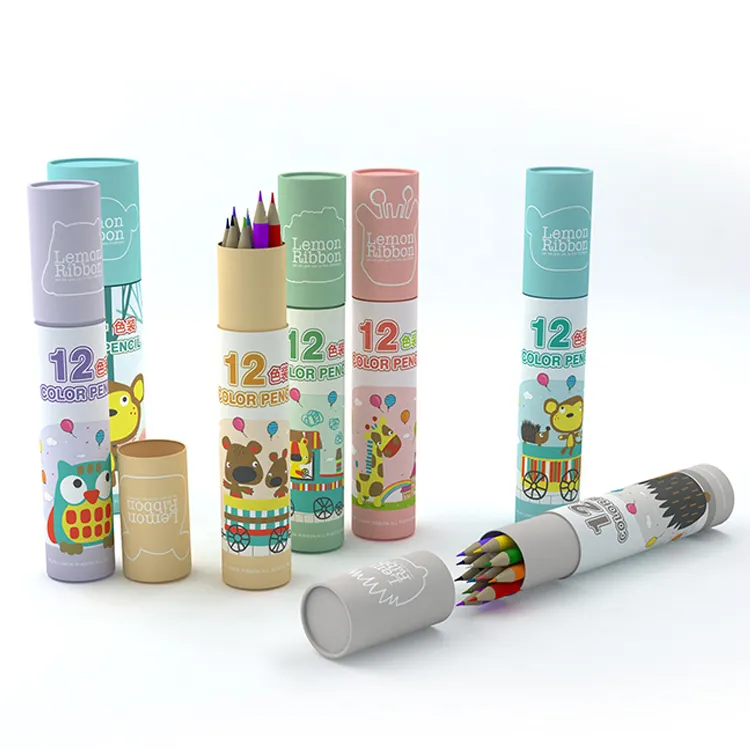 Set Pensil Warna Seniman Kayu 12 Warna Logo Kustom dengan Kotak Tabung Kertas untuk Menggambar dan Membuat Sketsa Set Pensil Warna Silinder