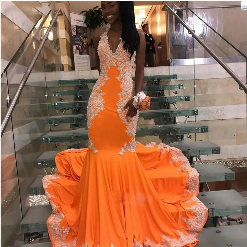 EV112 Halfter Orange Meerjungfrau Ballkleider mit weißen Spitzen applikationen Open Back Sexy Trompete Frauen Abend party Kleider