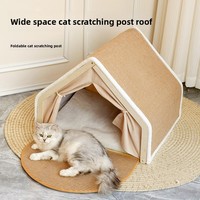 Lit pour chat en structure bois professionnelle, durable, avec toit en fibres de sisal, griffoir semi-fermé, pour toutes les saisons
