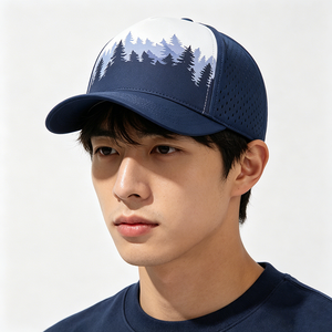 Casquette de baseball unisexe 5 panneaux en toile perforée au laser, séchage rapide, imprimé forêt montagne arbre personnalisé, respirante, pour activités de plein air et pêche - Product Image 1