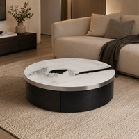 Table basse ronde en marbre blanc Panda de luxe moderne avec base en bois, table à thé moderne pour salon et hall d'hôtel
