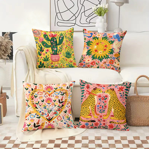 Vibrant floral and animal themed throw pillows decorate cozy living room sofa with festive holiday stockings in background - Product Image 2