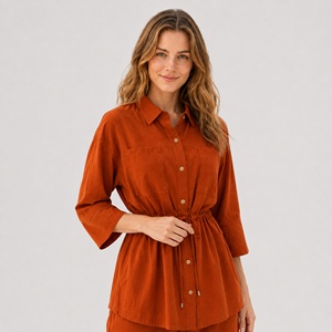 <span class=keywords><strong>Camicetta</strong></span> Casual da Donna 2026 Estiva Autunnale <span class=keywords><strong>Arancione</strong></span> in Viscosa Lavorata a Maglia con Collo Alto, Vestibilità Ampia, Vita con Coulisse e Maniche a 3/4 con Bottoni - Product Image 2