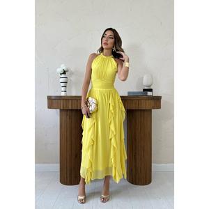 Robe de bal jaune longue en gros, robe de soirée formelle à col haut, à paillettes, romantique, à volants, froncée devant - Product Image 4