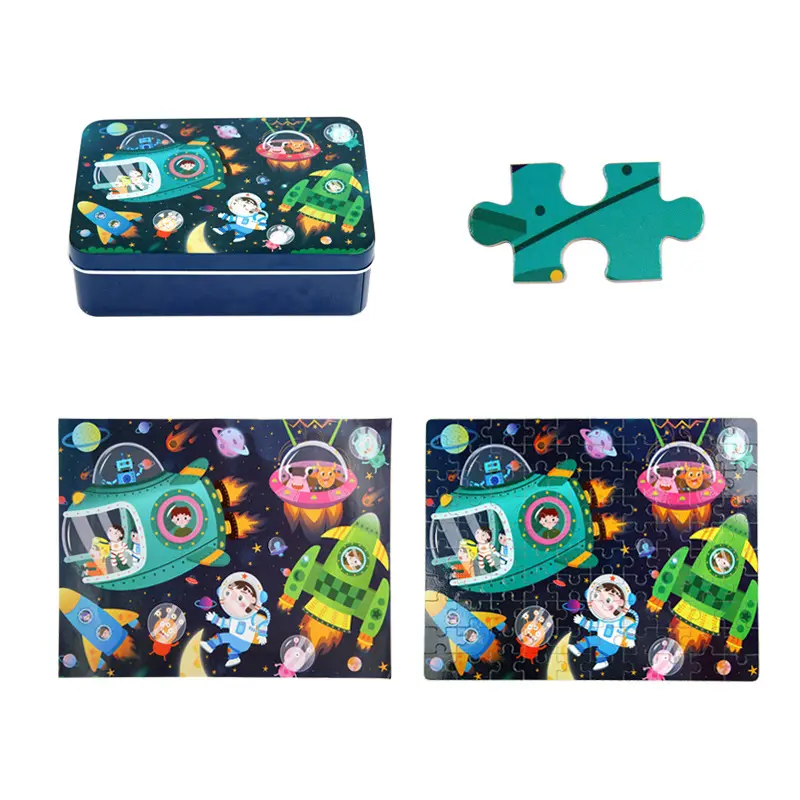 Vendita calda giocattoli 3d animali frutta e veicolo 100 pz vari disegni scatola di ferro pacchetto in legno cartone animato gioco Puzzle per bambini