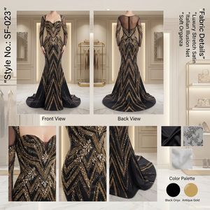 Robe de soirée élégante en satin noir et or antique, longue jusqu'au sol, avec manches longues transparentes et broderies - Product Image 3