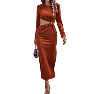 Customized European casual waist cut open long sleeved knitted dress with buttocks, Chinese manufacturer