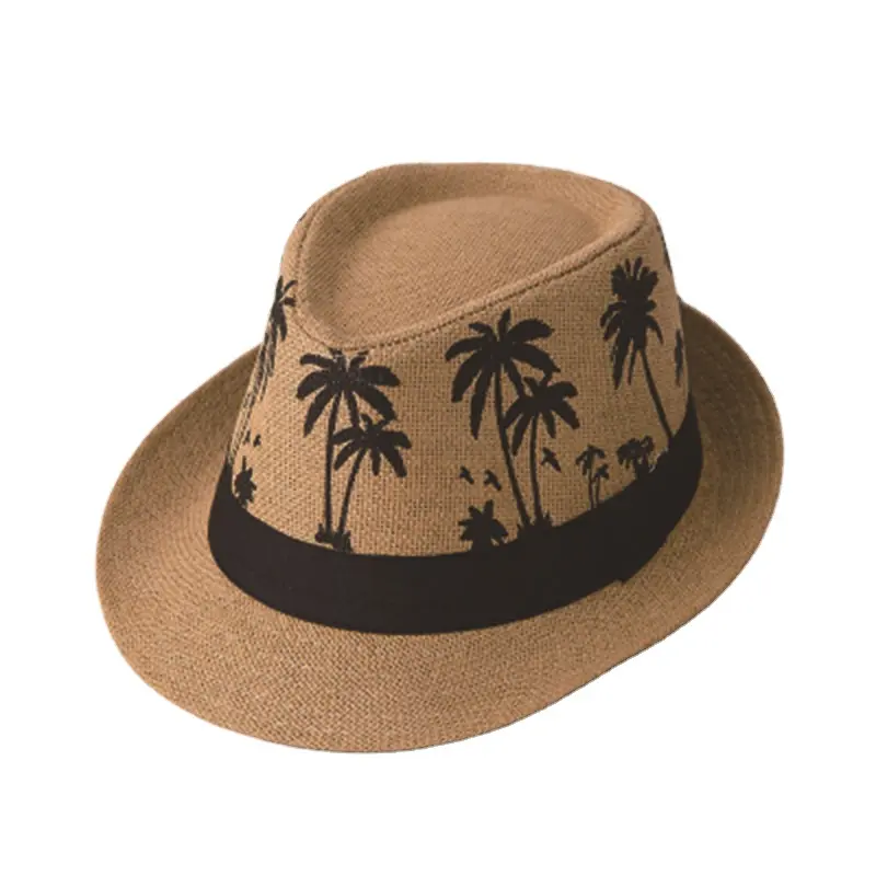 태양 방지 비치 Billycock 여성용 코코넛 트리 프린트 재즈 밀짚 모자