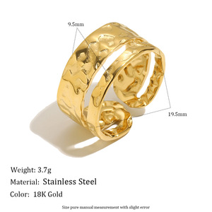 Stainless Steel 18K <b>Gold</b> PVD Plated Hammered Textured Open Cuff <b>Ring</b> Trendy Adjustable Wide Band Finger <b>Ring</b> <b>Set</b> For Women - Product Image 3