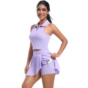 Conjuntos de Fitness de gimnasio transpirables de secado rápido para mujer, Chaleco de solapa superior, Falda corta plisada para Yoga, tenis, deportes, tenis, corto plisado - Product Image 3