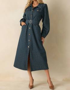 Vestido Maxi Casual Vintage Azul de Algodón Modal con Pliegue Frontal de Botones, Cintura Natural y Decoración de Cristales - Product Image 3