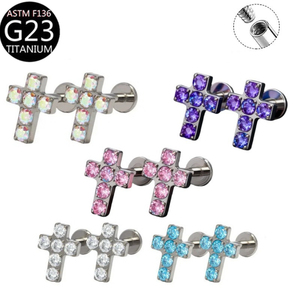 Pendientes de titanio F136 5A con circonita en forma de cruz, aretes de moda para la oreja, anillos de titanio para la <span class=keywords><strong>labio</strong></span>, joyería corporal para mujer - Product Image 2
