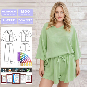 Conjunto de Ropa Informal para Mujer, Talla Grande, Personalizado OEM/ODM, Color Verde Sólido, Cuello en V, Manga 3/4, Top y Pantalones Cortos con Cordón - Product Image 1