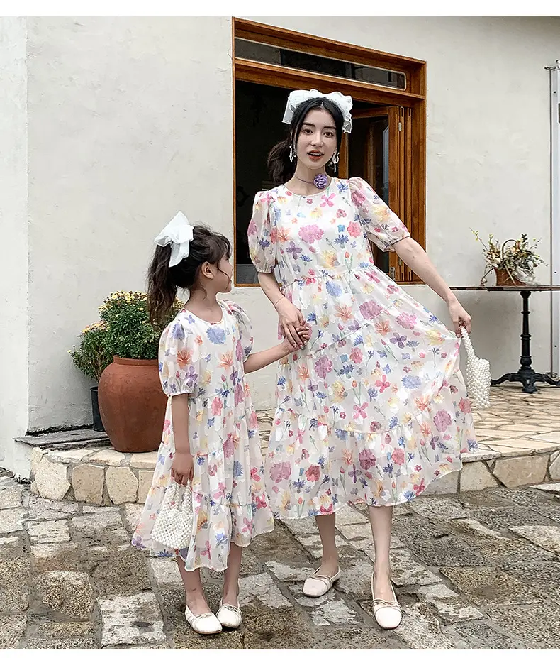 2023 summer Korean style infant baby girls' flower dresses family matching mommy and me dress clothing 8880